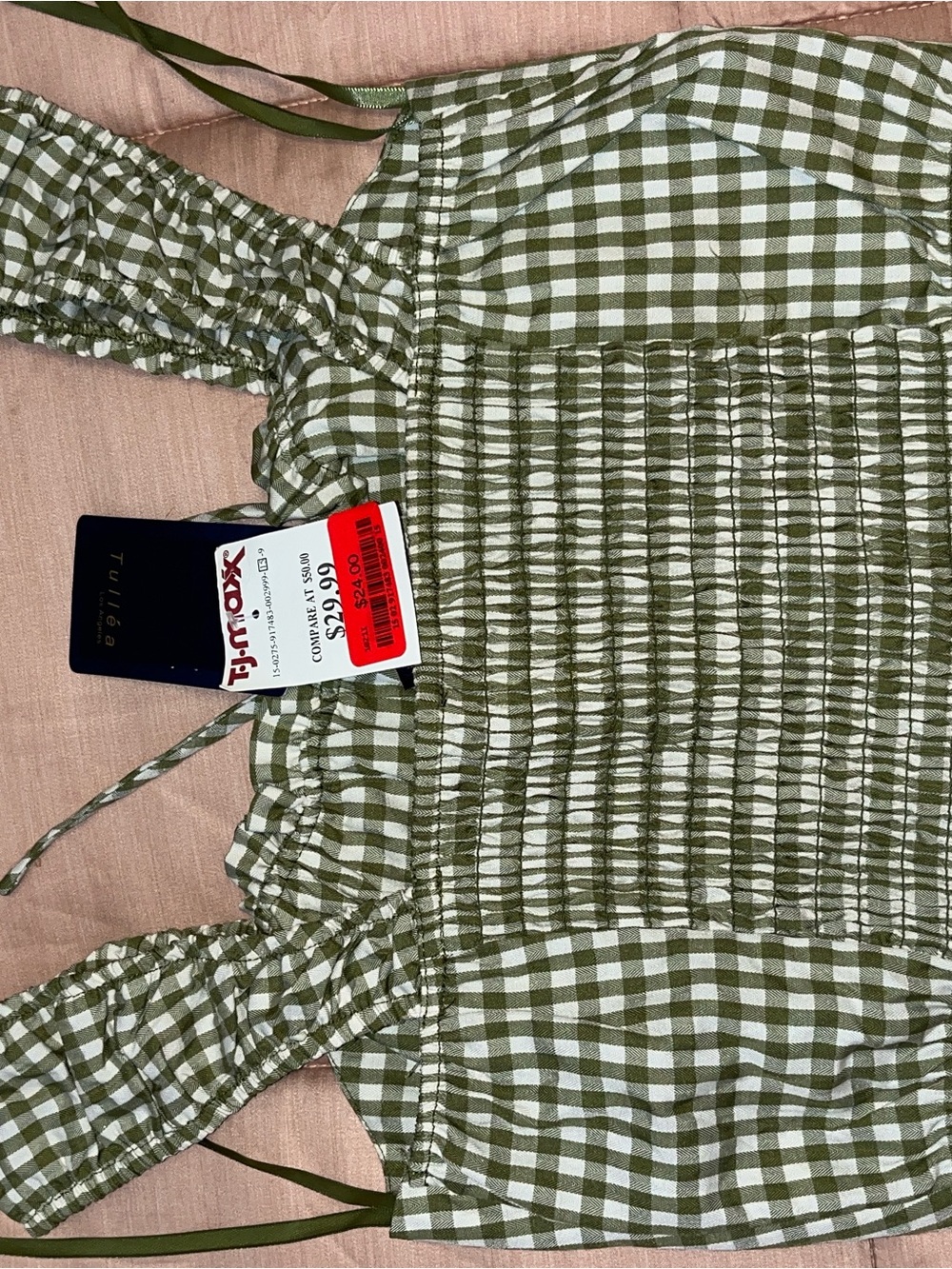 T.J.Maxx Olive Green and White Gingham Smocked Crop Top and Skirt - Picture 3 of 6